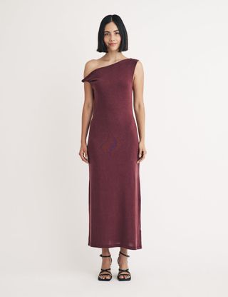 Burgundy Twist Shoulder Andrea Midi Dress