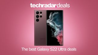 deals image: Samsung Galaxy S22 Ultra on pink background