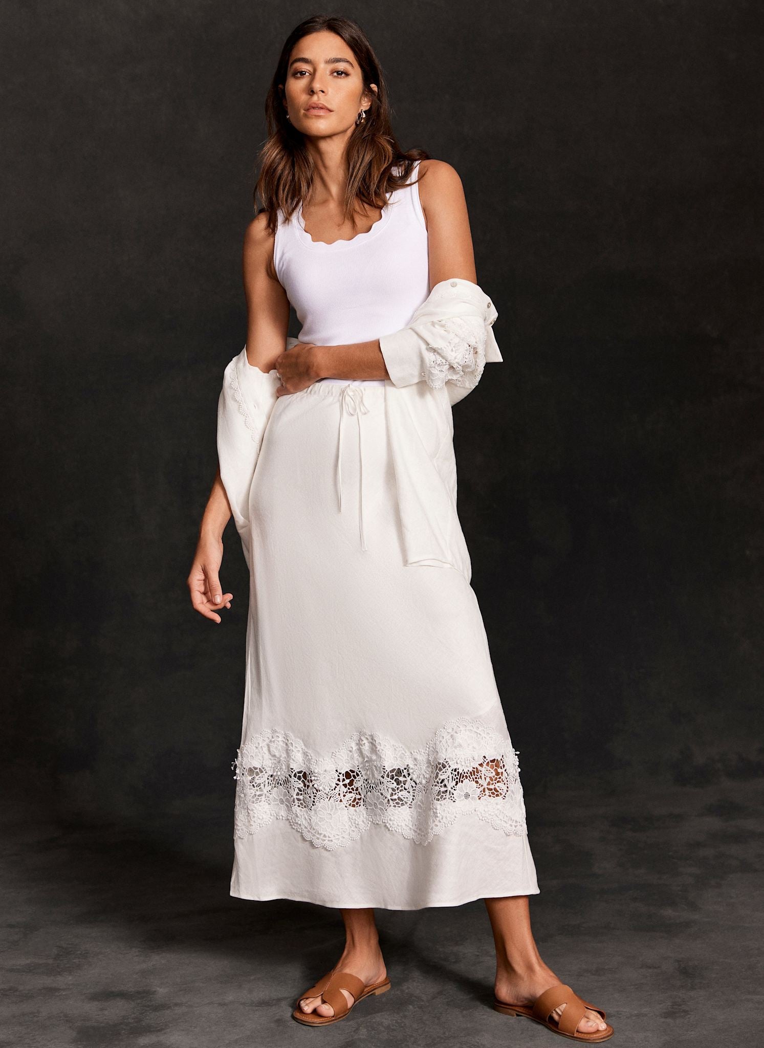 White Linen Lace Maxi Skirt