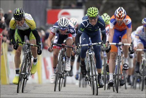 Australian champion Simon Gerrans (GreenEdge), left, made a dramatic surge in the final metres to challenge Alejandro Valverde (Movistar) in the sprint finish.