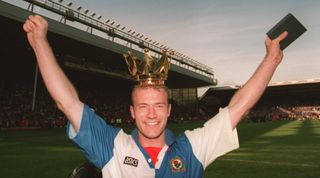 Alan Shearer of Blackburn Rovers celebrates after winning the 1994/95 Premier League title