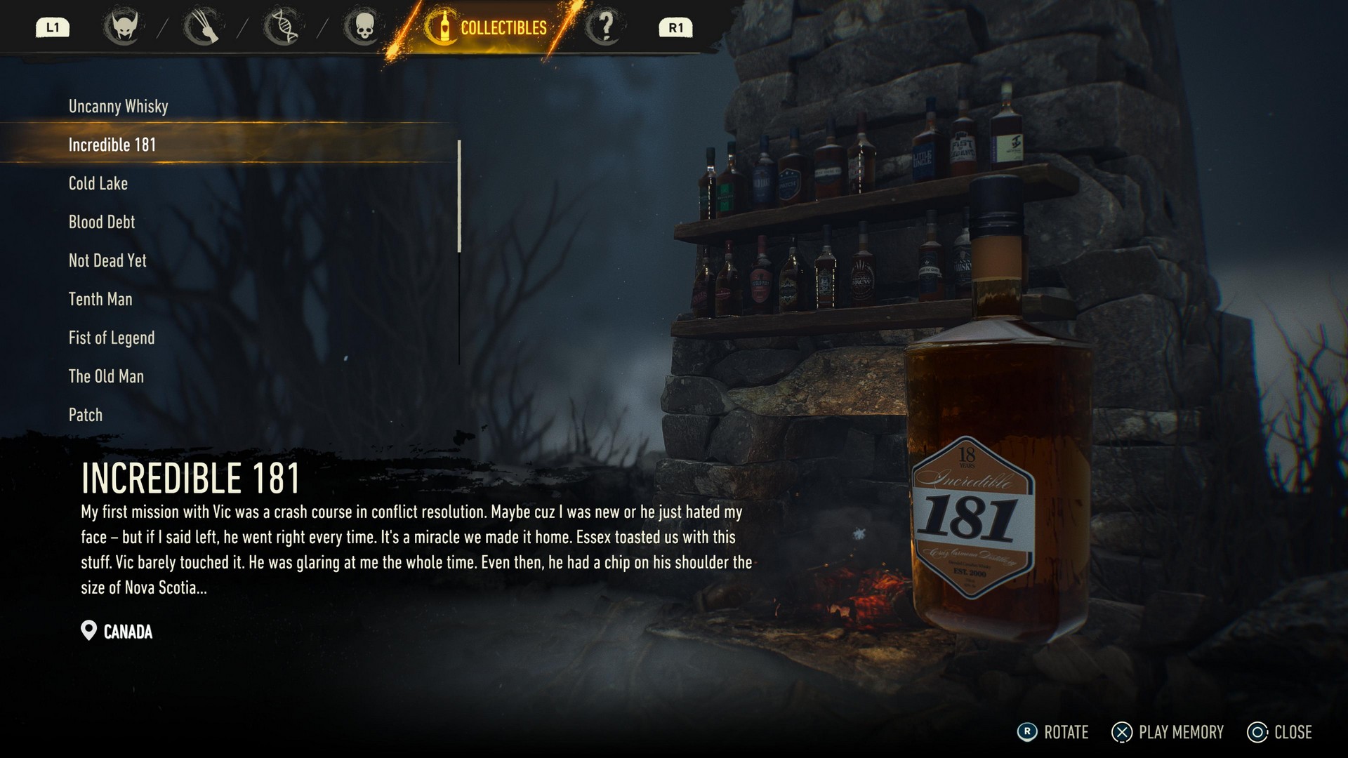 The whiskey collectibles screen in Marvel's Wolverine, highlighting the Incredible 181 bottle
