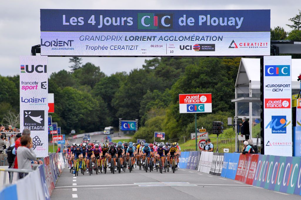 PLOUAY FRANCE AUGUST 30 A general view of the peloton prior to the 20th GP de Plouay Lorient Agglomration Trophe Ceratizit 2021 a 1504km one day race from Plouay to Plouay GrandPrixPlouay OuestFrance on August 30 2021 in Plouay France Photo by Luc ClaessenGetty Images