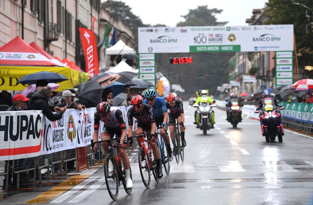 VARESE ITALY OCTOBER 05 Tadej Pogacar of Slovenia and UAE Team Emirates Matthew Holmes of United Kingdom and Team Lotto Soudal Erik Fetter of Hungary and EoloKometa Cycling Team and Tim Wellens of Belgium and Team Lotto Soudal compete in the breakaway during the 100th Tre Valli Varesine a 1967km race from Busto Arsizio to Varese 377m AlfredoBindaVa on October 05 2021 in Varese Italy Photo by Tim de WaeleGetty Images
