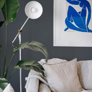 Cream sofa, houseplant, lamp, wall art