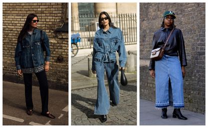 women wearing denim jackets, denim pants, and denim skirts 