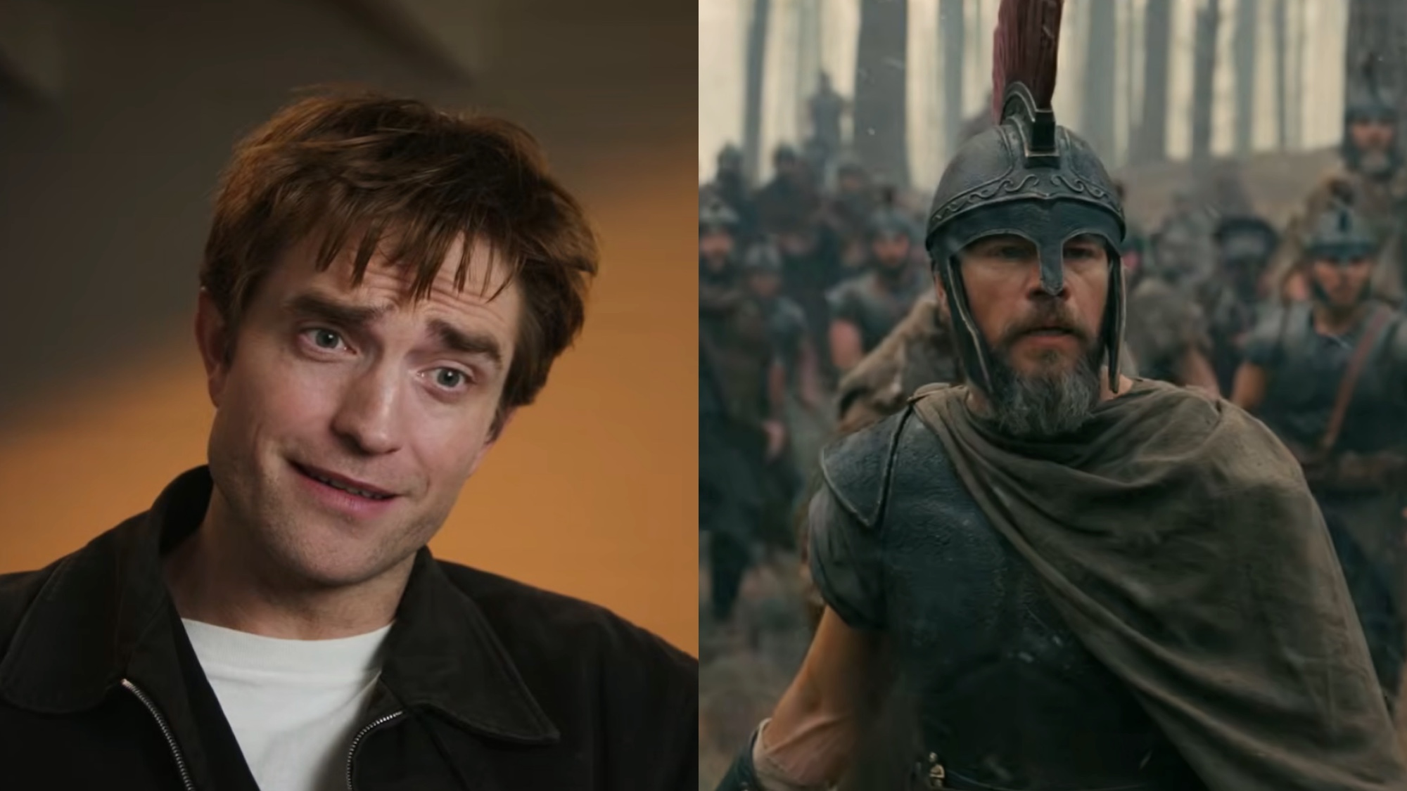 Robert Pattinson in an interview about The Odyssey and Matt Damon from the trailer side by side.