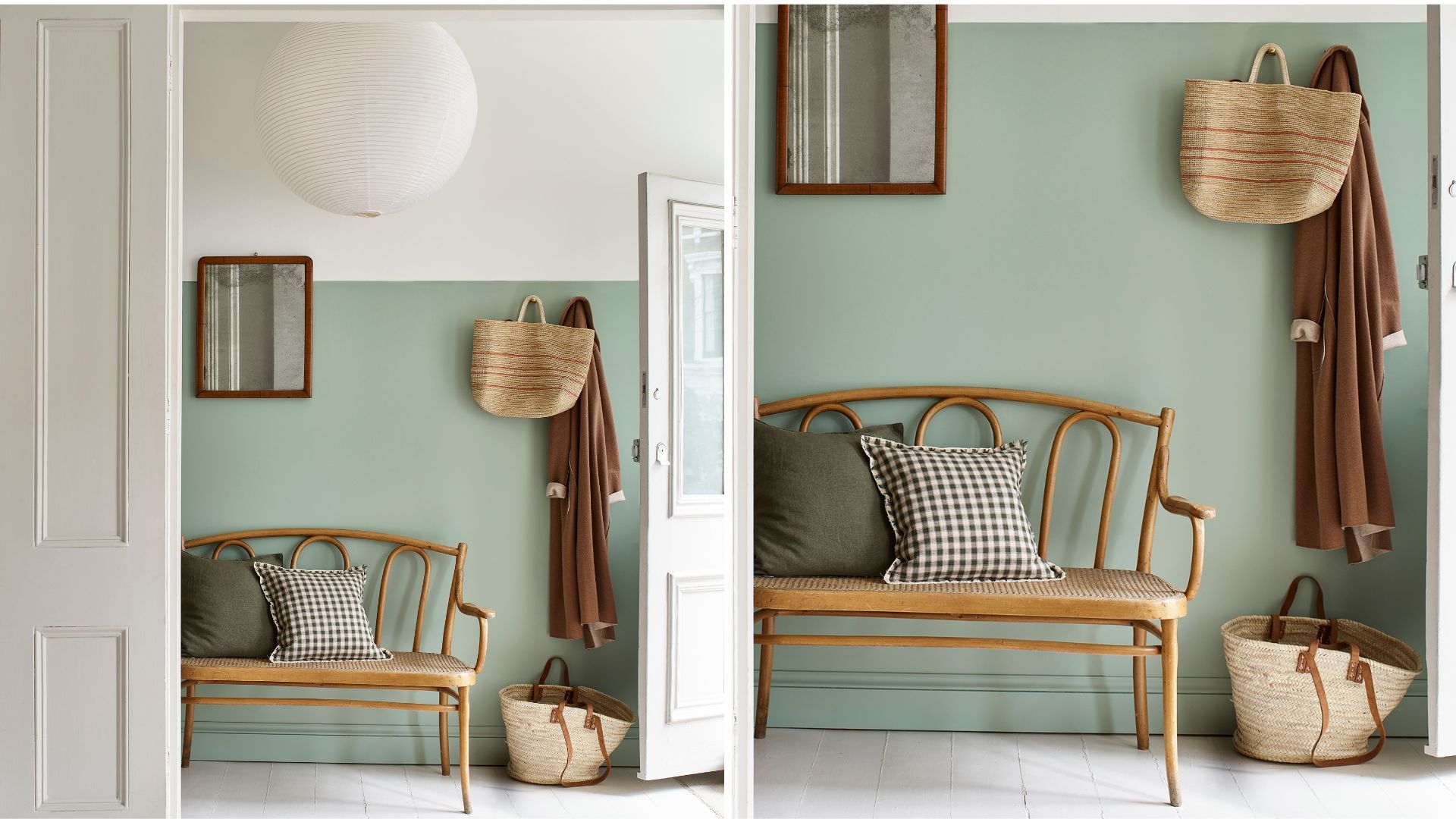 hallway with green painted wall, white wood floor and wood bench with wall hooks and a mirror