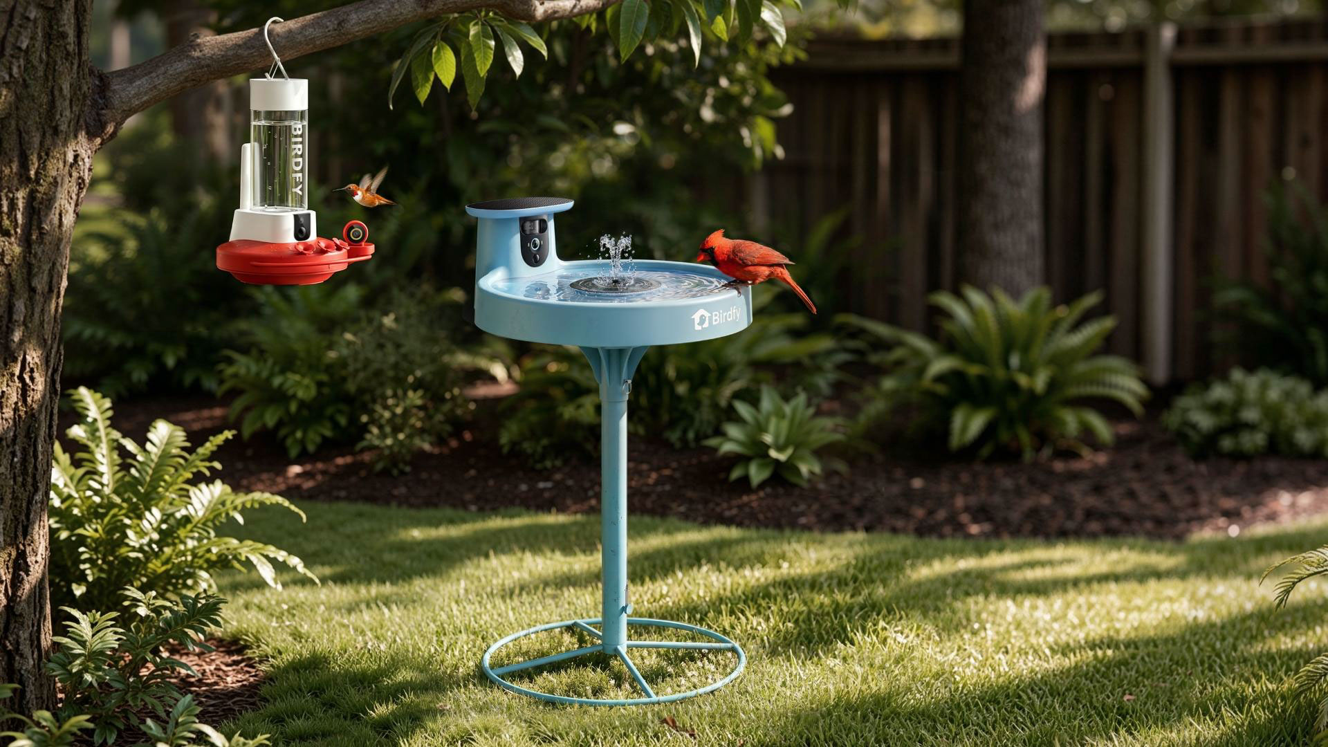 A Hummingbird and a Northern Cardinal feeding at Birdfy smart birding devices