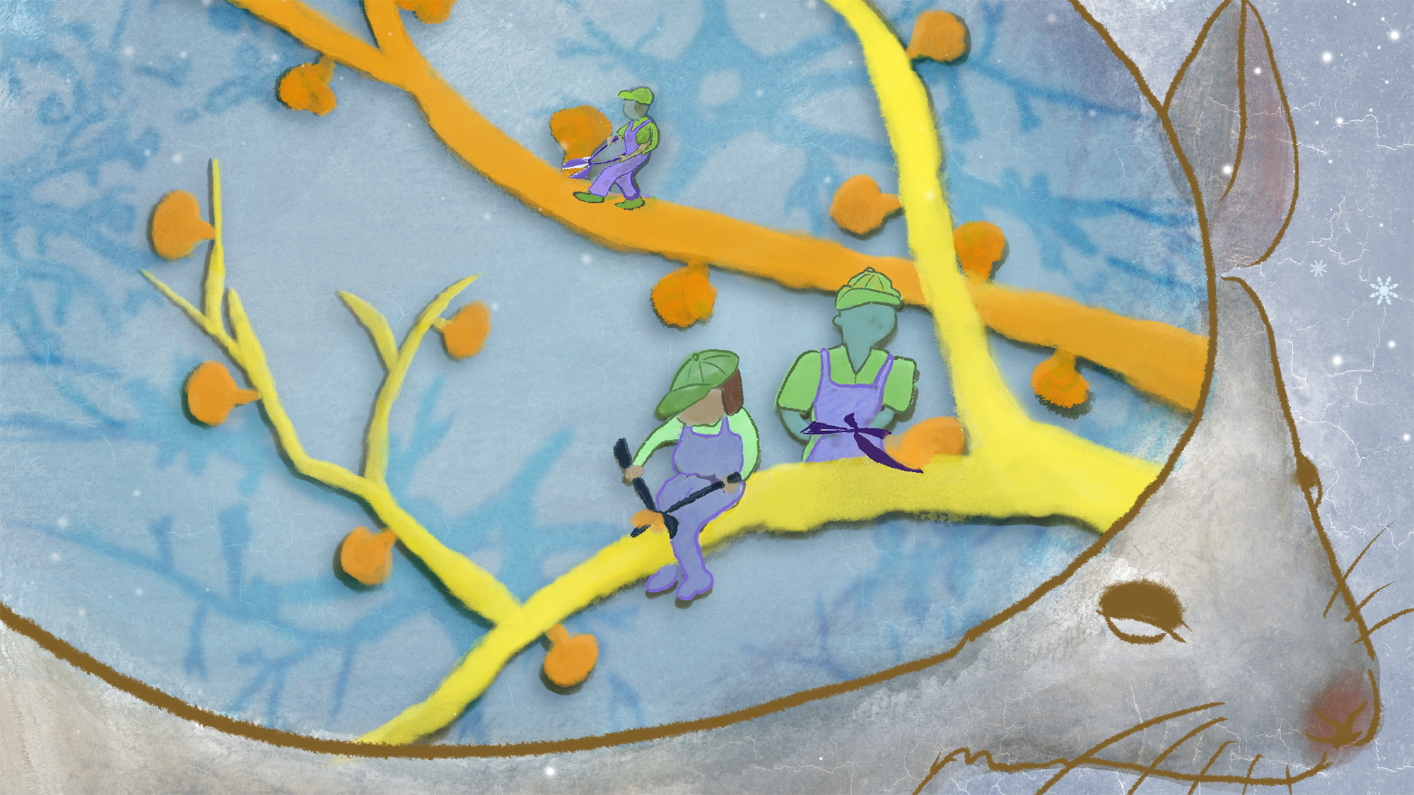 An illustration of neurons in the brain and a mouse. Tiny construction workers prune away at the neurons with tools.