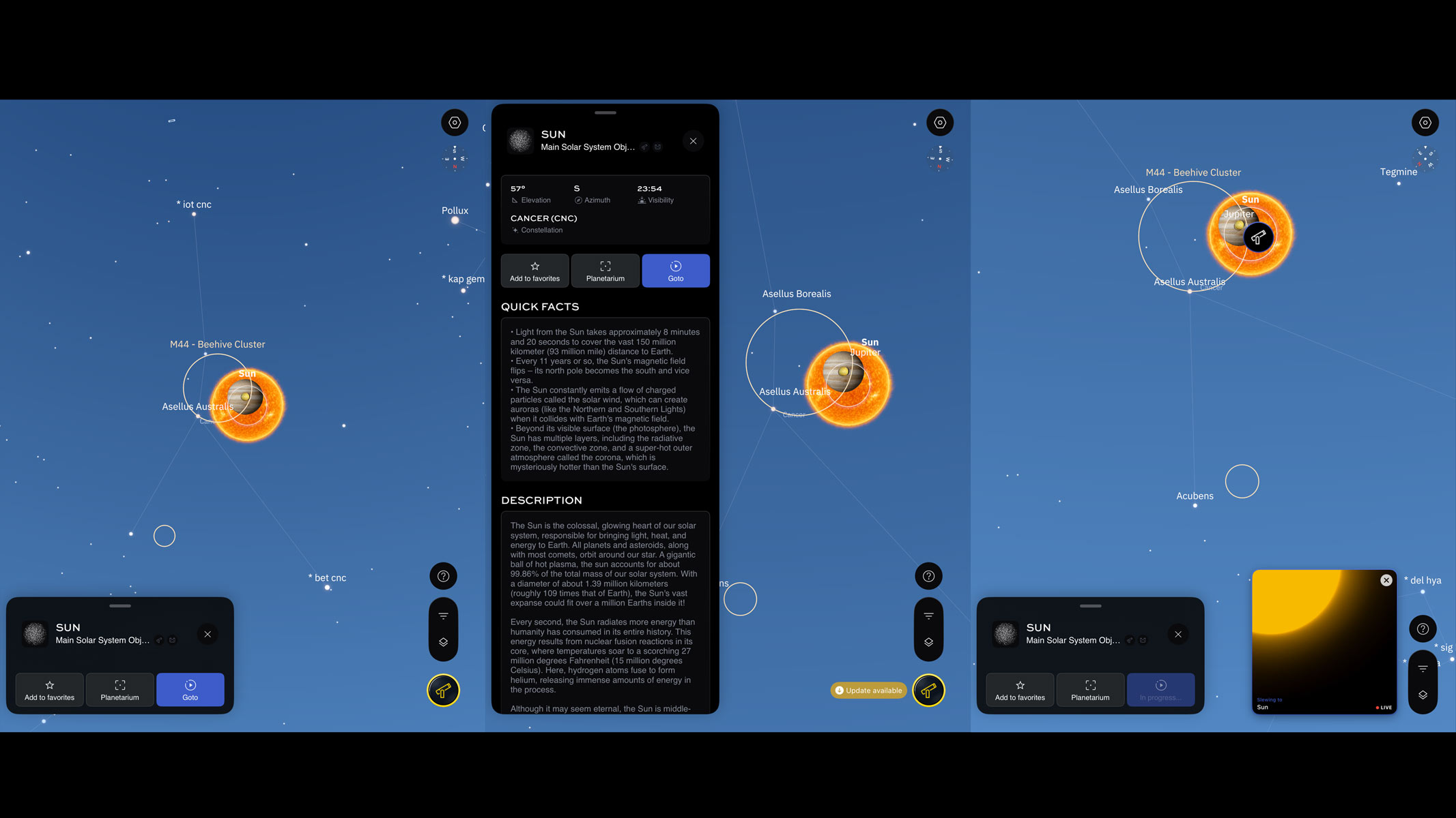 Screenshots of the Unistellar app showing the planetarium with the sun and app functions.