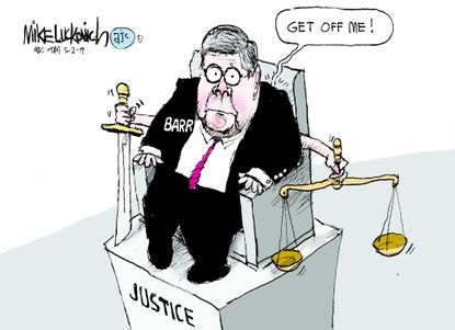 Political Cartoon U.S. Barr sitting on justice
