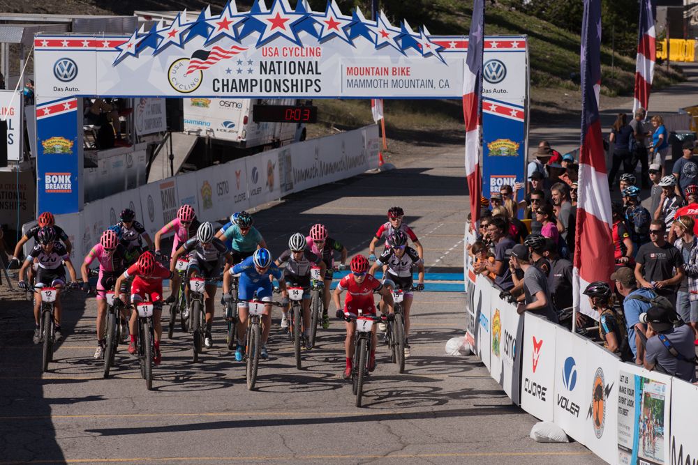 The Pro Womens field rolls out from the start at the Mammoth Mountain ski resort.