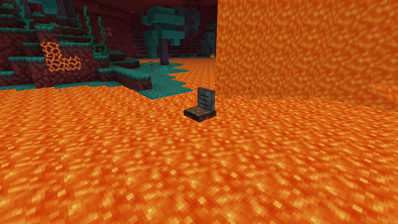 A single gravestone floating safely in lava within Minecraft's Nether biome, surrounded by lavafalls.