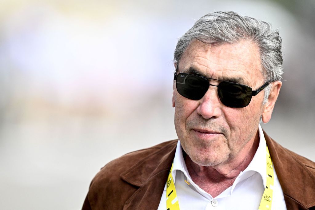 Former Belgian cyclist Eddy Merckx pictured after stage 19 of the Tour de France cycling race from Moirans-en-Montagne to Poligny (172,8 km), France, Friday 21 July 2023. This year&#039;s Tour de France takes place from 01 to 23 July 2023. BELGA PHOTO JASPER JACOBS (Photo by JASPER JACOBS / BELGA MAG / Belga via AFP) (Photo by JASPER JACOBS/BELGA MAG/AFP via Getty Images)