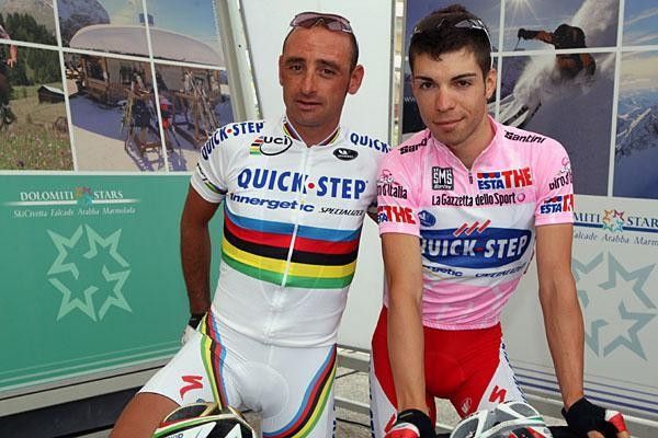 Team-mates Bettini (l) and Visconti before the stage.