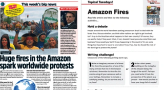 A magazine spread featuring an article about fires in the Amazon