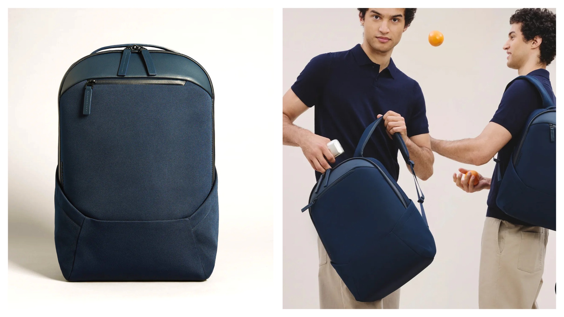 Troubadour Goods' Apex 3.0 backpack, by itself and modeled by a young man.