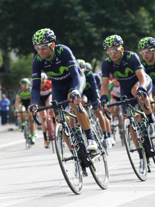 Alejandro Valverde rides along with teammate Juanjo Lobato. A bus full of people from Lobato&rsquo;s village, Trebujena, travelled overnight for ten hours to see him racing in Ponferrada, expecting he may claim the Championship.