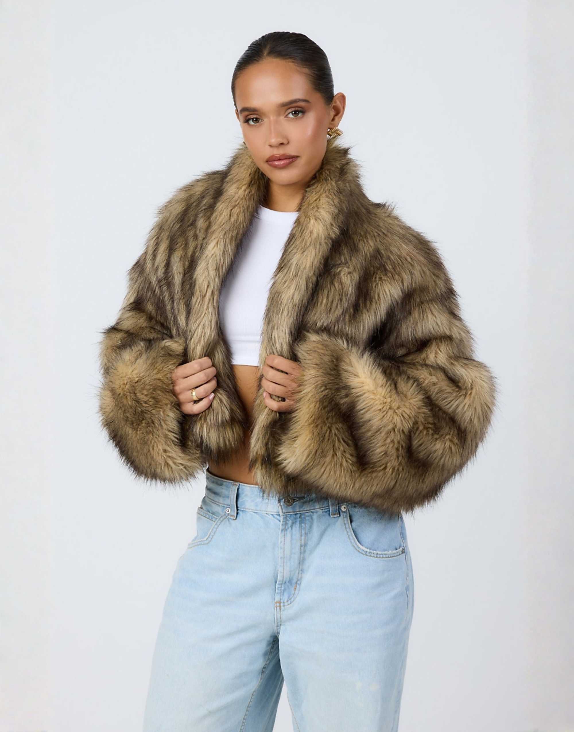 Aria Cove Oversized Cropped Wide Sleeve Faux Fur Jacket in Brown Tipped Fur