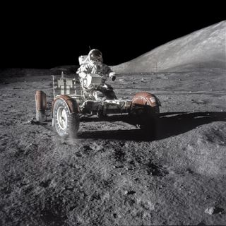An image featured in "Apollo Remastered" of a Lunar Roving Vehicle (LRV) traversing the lunar surface.
