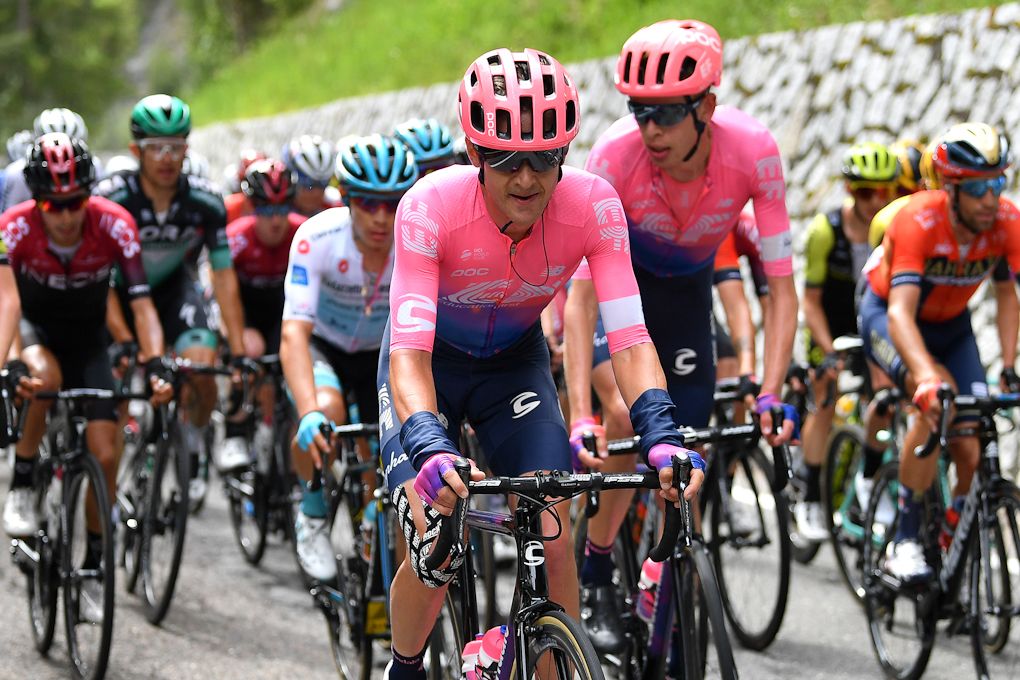 Nate Brown rides ahead of Hugh Carthy during stage 17 at the Giro