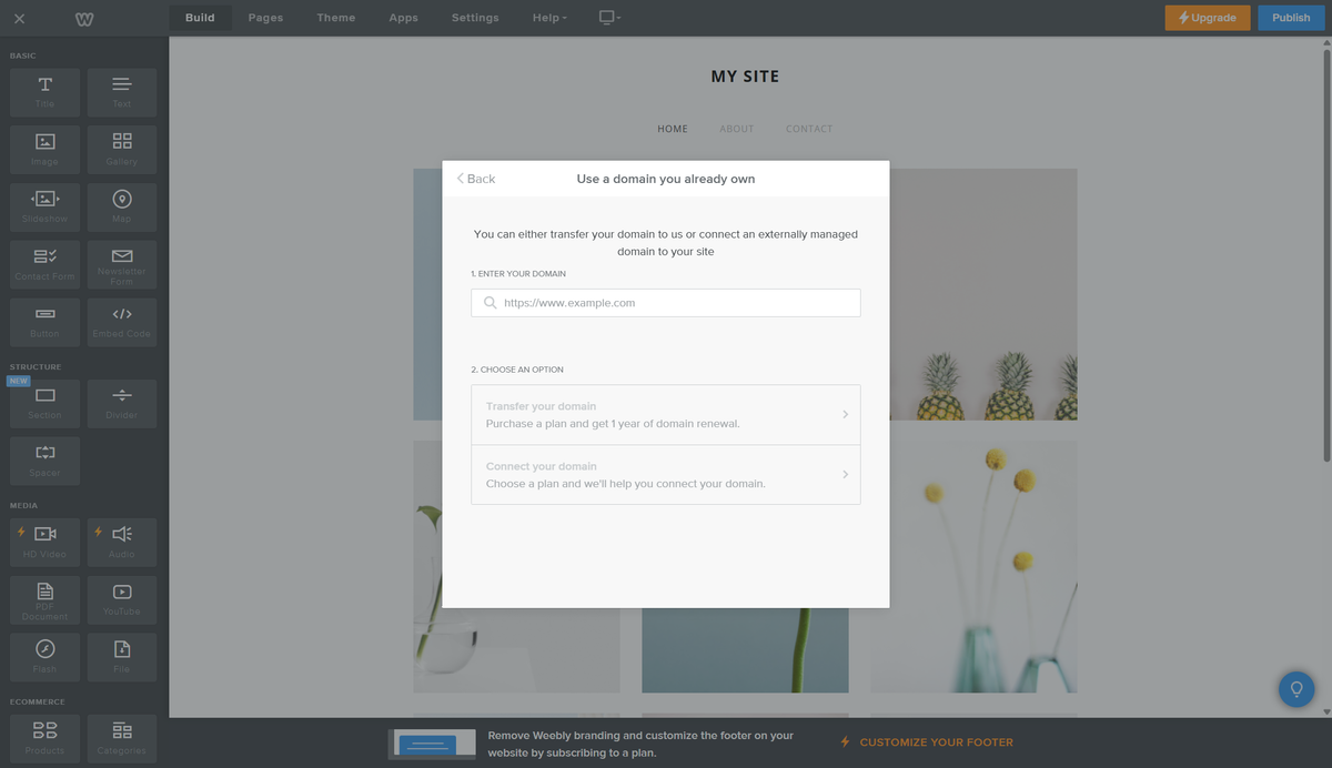 Screenshot of Weebly dashboard for connecting a domain.