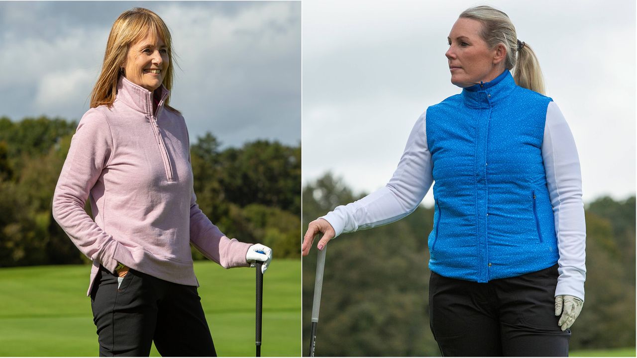 Alison Root and Carly Cummins in winter golf clothes