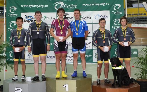The podium for the men's Para tandem time trial: Thanh Tu and Chris Pratley (silver), Bryce Lindores and Sean Finning (gold), and Joshua Clark and Jeremy McClure (bronze).