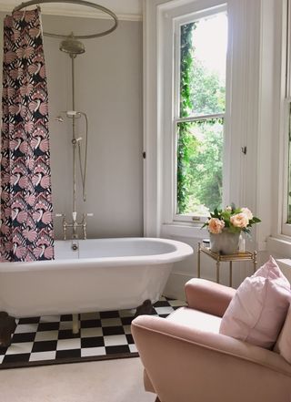 neutral bathroom with printed shower curtain by Divine Savages