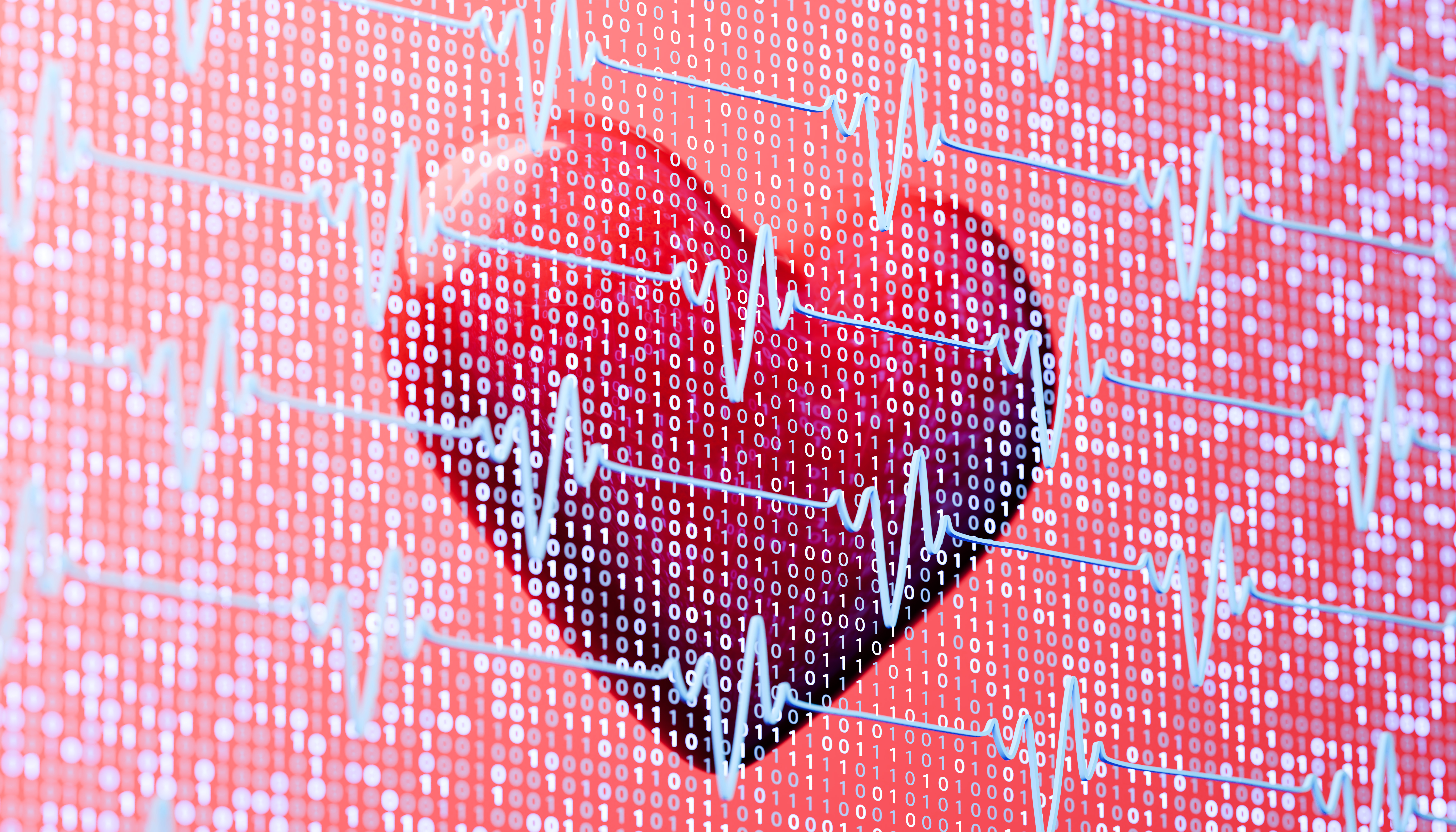 Red heart icon overlaid with blue heart rate signals and binary numbers