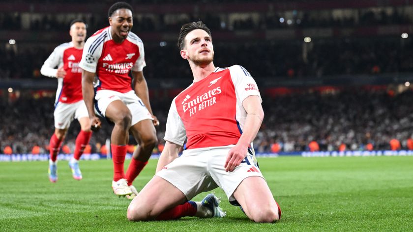 Declan Rice of Arsenal celebrates scoring his team&#039;s first goal during the UEFA Champions League 2024/25 Quarter Final First Leg match between Arsenal FC and Real Madrid C.F. at Emirates Stadium on April 08, 2025 in London, England. 