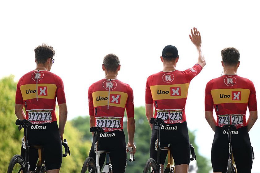 MANTES-LA-VILLE, FRANCE - JULY 27: Detailed view of Jonas Abrahamsen of Norway, Tobias Halland Johannessen of Norway, Markus Hoelgaard of Norway and Stian Fredheim of Norway and Team Uno-X Mobility prior to the 112th Tour de France 2025, Stage 21 a 132.3km stage from Mantes-la-Ville to Paris - Champs-Elysees / #UCIWT / on July 27, 2025 in Mantes-la-Ville, France. (Photo by Dario Belingheri/Getty Images)