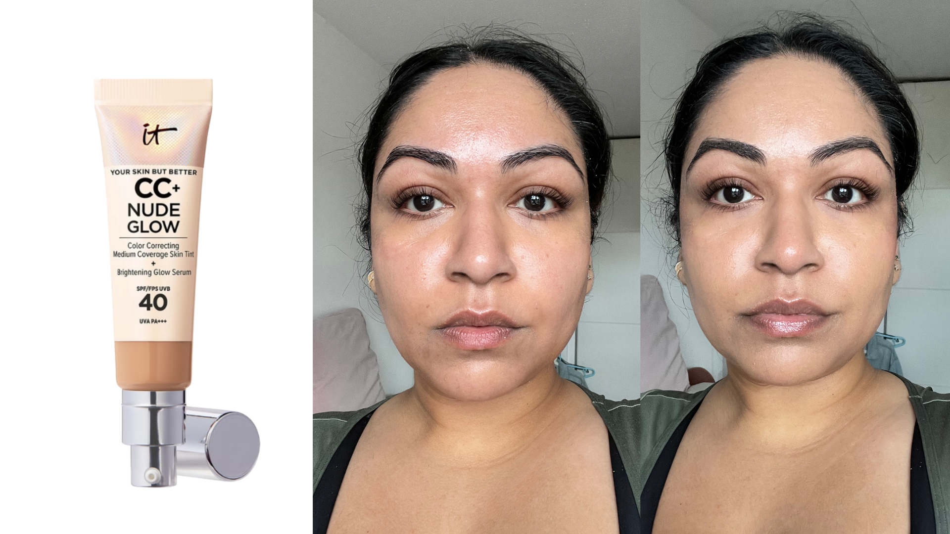 On the left is a product shot of the IT Cosmetics Your Skin But Better CC+ Nude Glow SPF 40 on a white background, followed by before and after pictures of Digital Beauty Ecomm Editor, Aleesha Badkar without makeup and then wearing the IT Cosmetics foundation