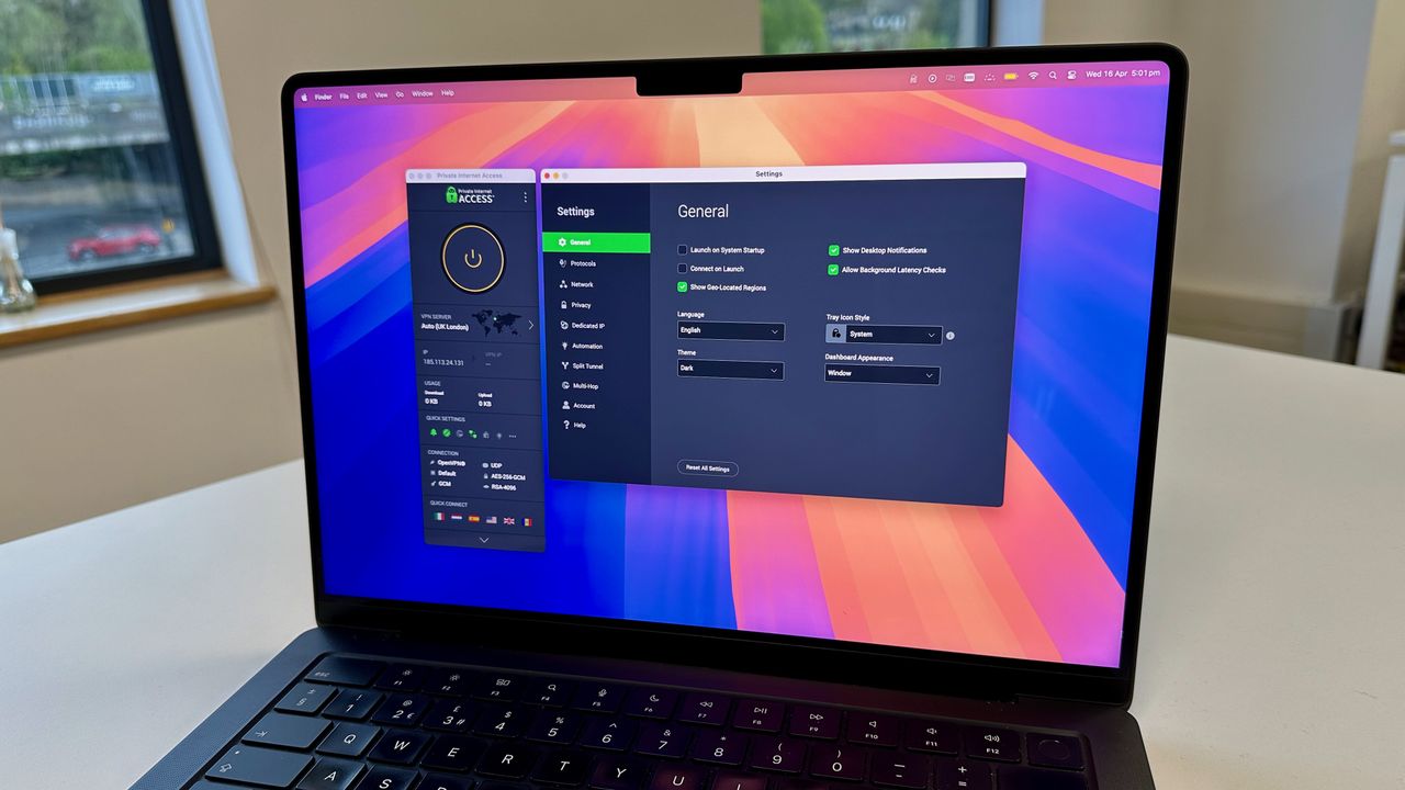 PIA's homepage on its macOS app. On the right is a widget showing that PIA is connected, as well as its speed, quick settings and connection settings. On the left is a windows for PIA's general settings, including launch on system startup, show desktop notifications, connect on launch, allow background latency checks and show geo-located regions. There are also settings for language, tray icon style, theme and dashboard appearance. There is also a button to reset all settings.