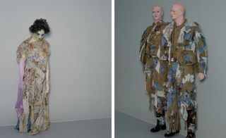 Two photos of mannequins - the first photo is of a mannequin with short curly hair in a light coloured dress and the second photo is of two mannequins in khaki camouflage style outfits