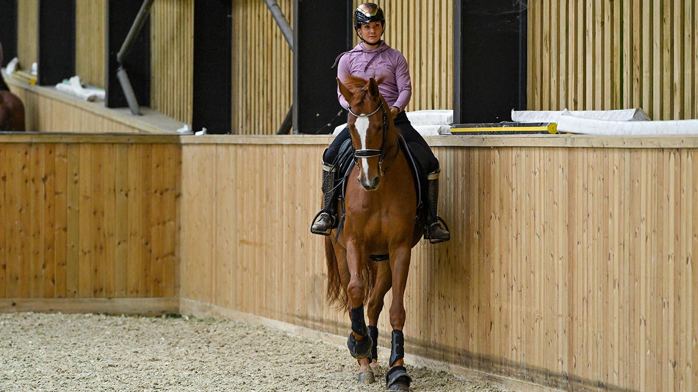 Abi Lyle riding right shoulder-in in canter towards the camera on Sun Rose (Shirley) in the indoor school.