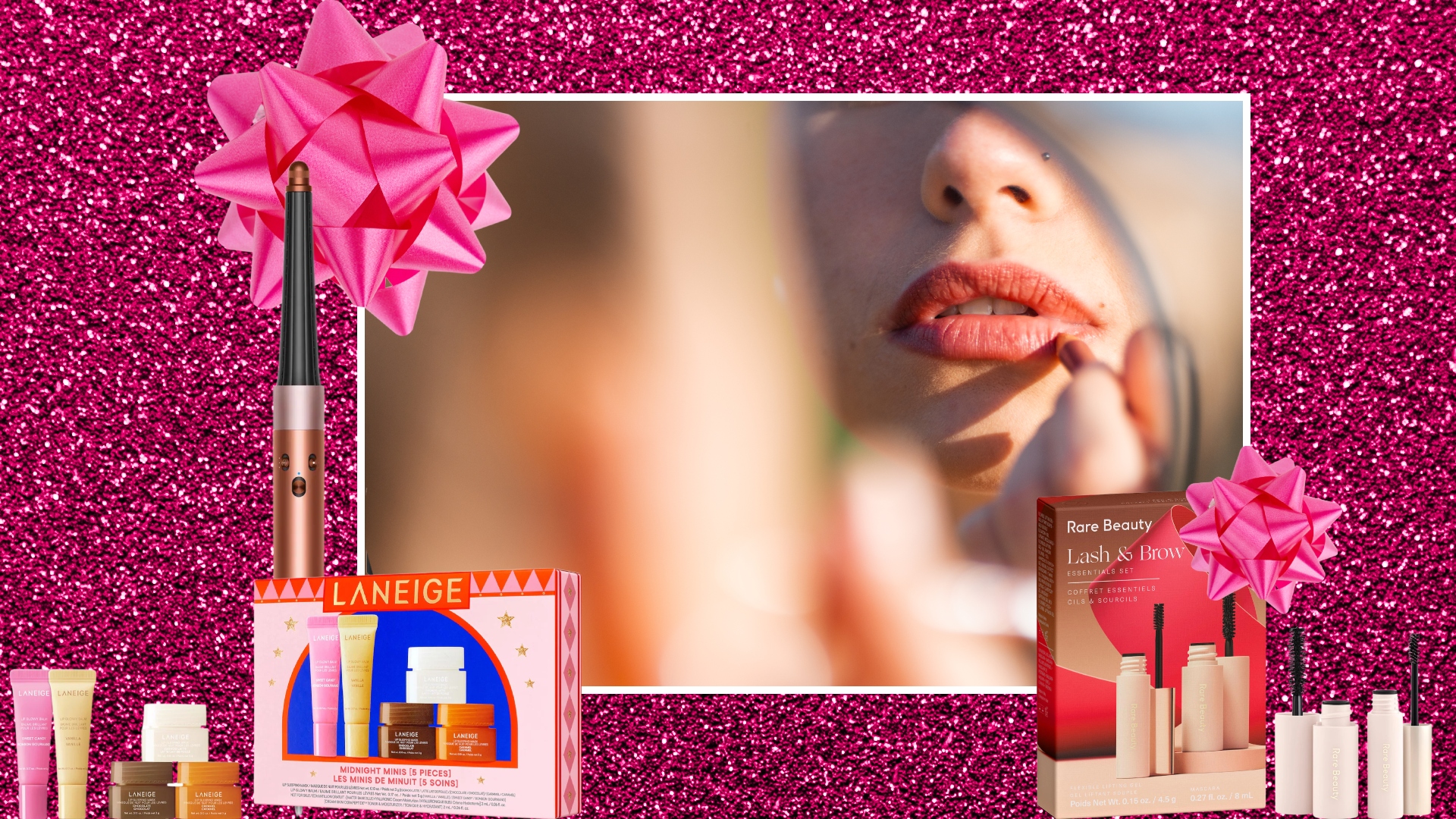 woman applying lip liner with gift sets