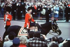 Queen Elizabeth II rides Burmese during the Trooping of the Colour ceremony at Buckingham Palace in June, 1985.