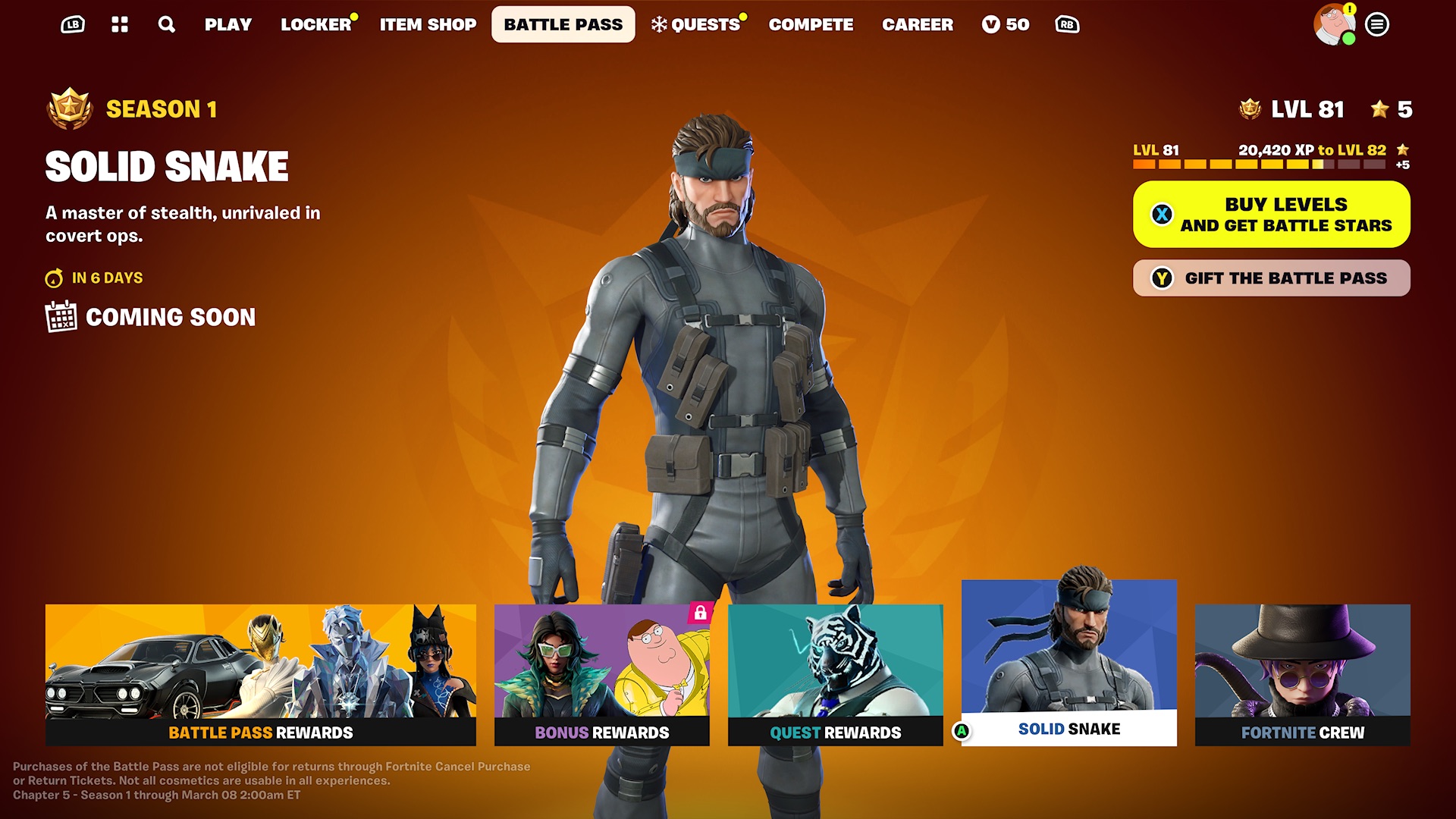 Solid Snake במסך Battle Pass הראשי בפורטנייט