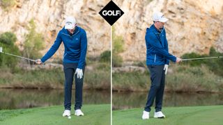 PGA pro Ben Emerson hitting a one-handed chip shot at Infinitum Golf Resort in Spain