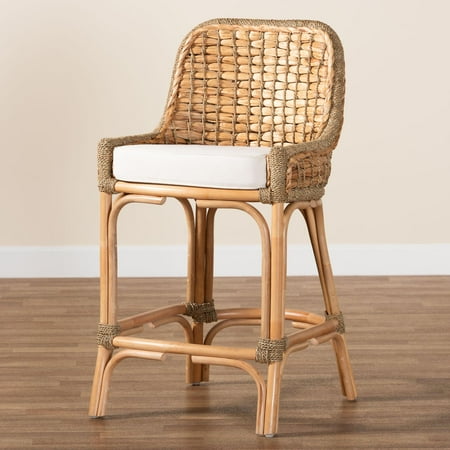 Bali &amp;amp; Pari Kyle Rattan, Mahogany Wood and Seagrass Boho Counter Stool, Natural Brown