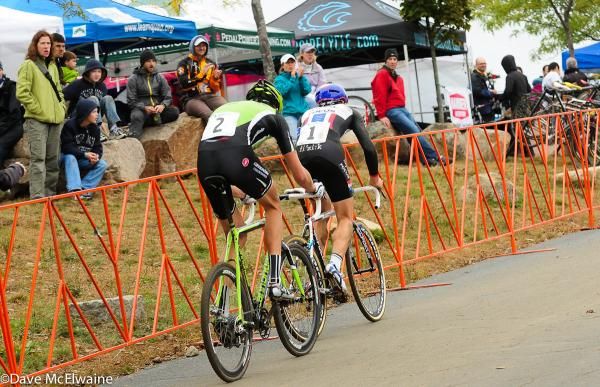 Jeremy Powers (Rapha Focus) leading Trebon on the pavement with two laps to go