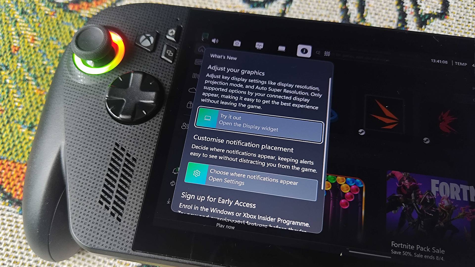 Close up of ROG Xbox Ally X Game Bar featuring &amp;quot;what's new&amp;quot; section describing Display widget.