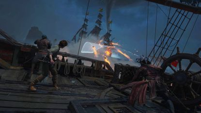 Assassin's Creed Black Flag Resynced edward and lucy at the helm of the jackdaw with other crew members as a volley of heated shot is fired at a spanish ship