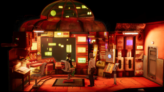 Making Harold Halibut; characters in a colourful sci-fi room