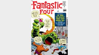 Mister Fantastic, Thing, and Human Torch fighting a giant monster which is bursting through the ground and holding Invisible Girl in its hand