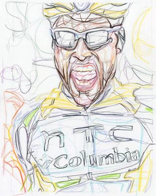 Mark Cavendish (HTC-Columbia) claims victory at Gent Wevelgem.