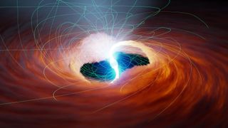 Two rivers of hot gas are siphoned onto the surface of a neutron star (the collapsed remains of a dead star) in this illustration.