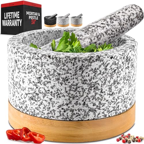 Prioritychef Heavy Duty Mortar and Pestle Set With Bamboo Base, 100% Natural Granite Stone Grinder, Guacamole Bowl and Masher, 2 Cups, White